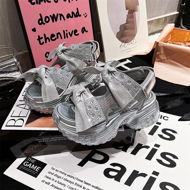 Роскошные летние новые толстые подошвы на высоком каблуке повседневные сандалии женские Bow Water Diamond модные универсальные женские спортивные сандалии