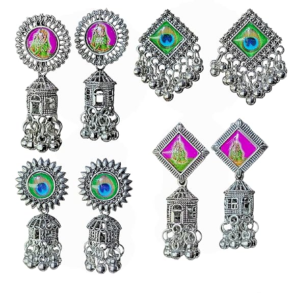 Модное новейшее традиционное окисленное серебро и антикварное золотое металлическое основание болтается и падает (КОМБО из 4) Серьги Джумки для женщин и девочек