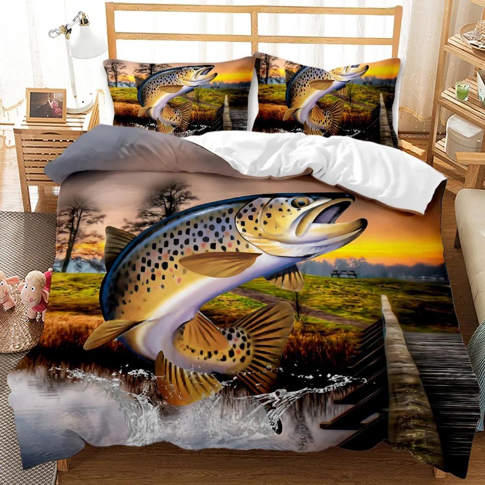 3D Printed Big Pike Fishing Hunting Bedding Set Fishing Duvet Cover Double Twin Full Queen King Adult Kids Bedclothes Quilt Cove