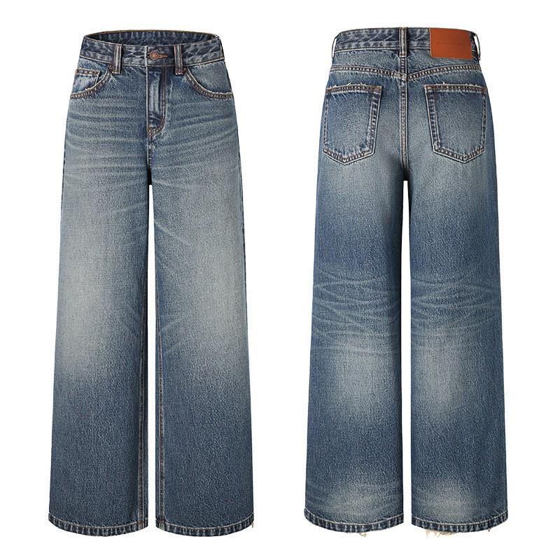 2026 High-Waisted Wide-Leg Denim Pants Water-Washed Cotton Straight Fit Casual Trousers Women