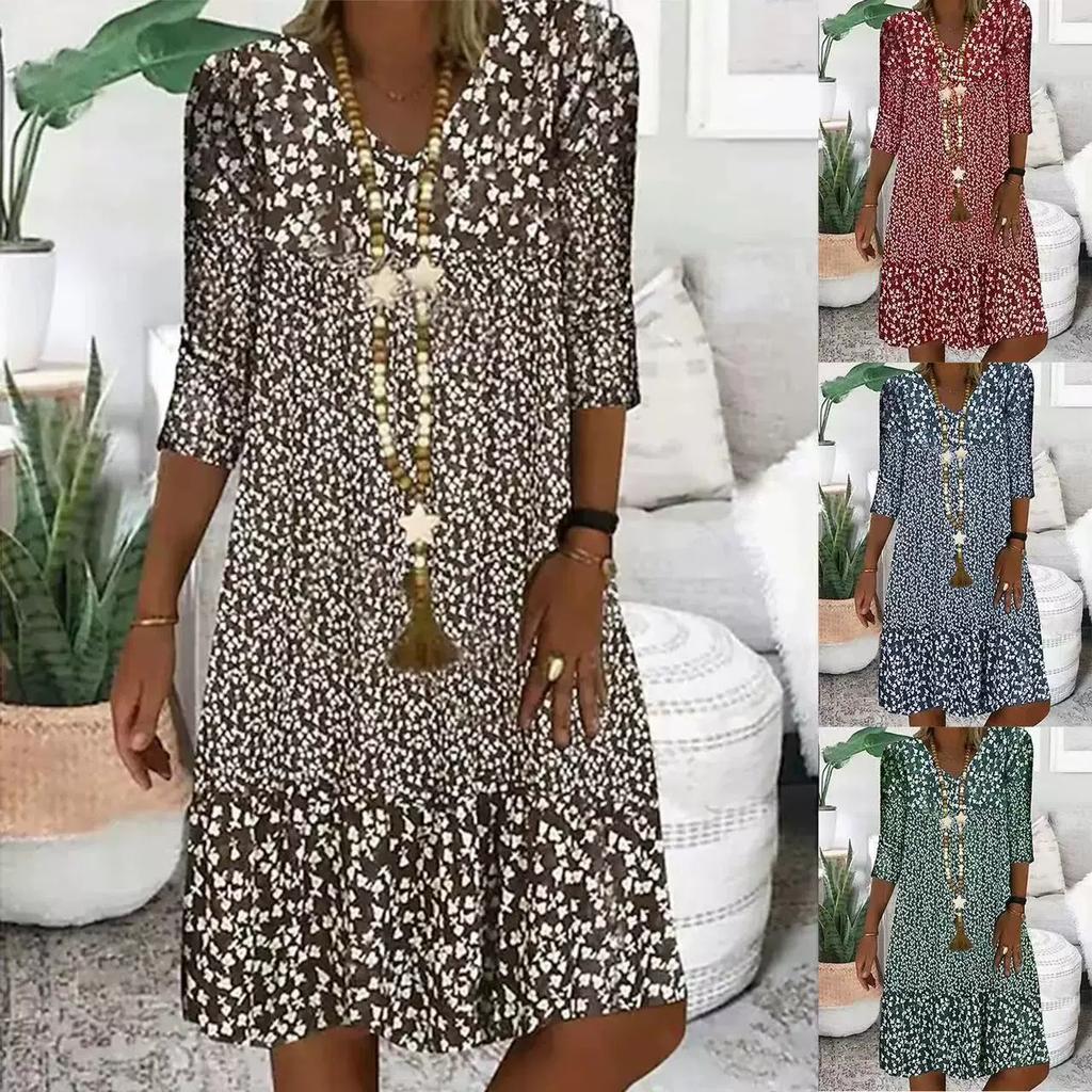 Women's Summer Midi Dress V Neck Half Sleeve Knee-Length Dresses Casual Floral Print Boho Dress