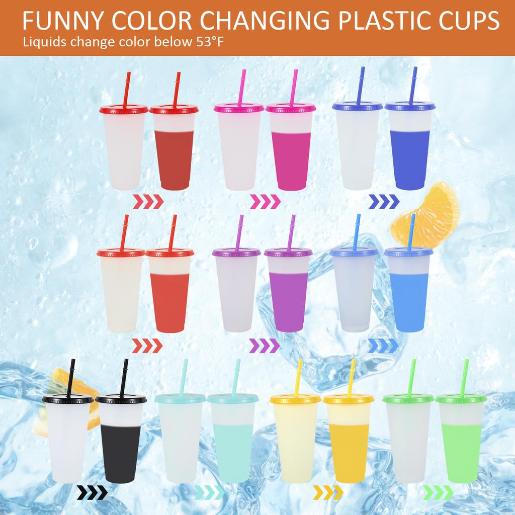 10Pcs Color Changing Cups with Lid 710ml Plastic Straw Tumbler Large Capacity Cold Drinking Cup Travel Beverage Cup for Party