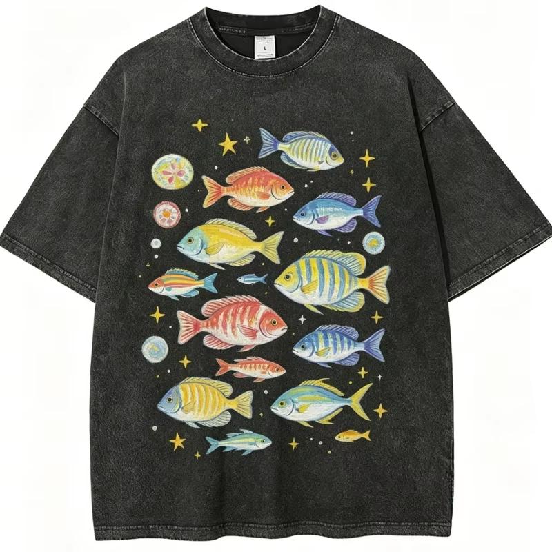 Colorful Jellyfish Print T-Shirt Vintage Washed Marine Life Graphic Tee Casual Streetwear Oversized Unisex Cotton Short Sleeve Tops, Harajuku Style