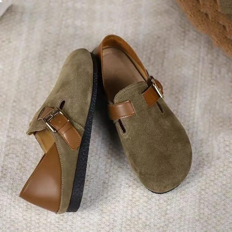 Новые женские туфли на плоской подошве с круглым носком и пряжкой на ремешке, повседневные туфли на плоской подошве для отдыха на открытом воздухе, женские туфли смешанных цветов с мягкой подошвой