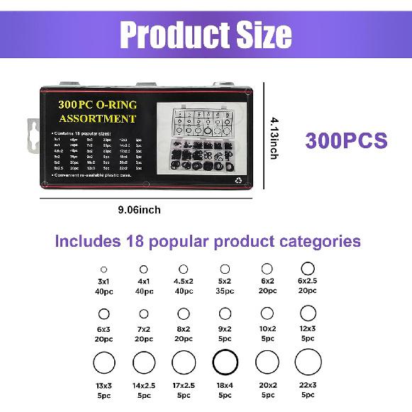 300 PCS O Ring Assortment Kit Set, 18 Sizes High Pressure High Temperature Resistant Nitrile Rubber Ring Repair Kit, Professional Gasket A/C System