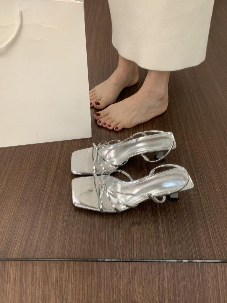 Fashion 2025 New Elegant French Summer High Heels Nude Pink Cat Heel Square Head Vintage Roman Sandals Rubber Sole Microfiber Materia