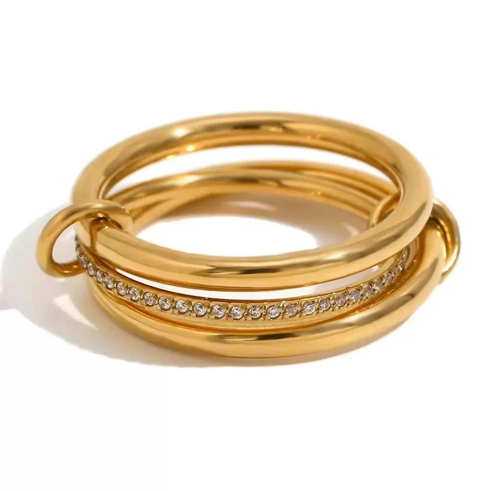Luxury Cubic Zirconia Gold Plated Multilayer Connecting Rings Set for Women Mixed Color Stackable Finger Ring Jewelry