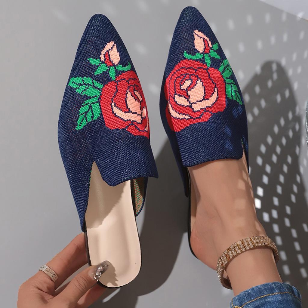 Модные женские тапочки Aphixta из эластичной ткани, с вышивкой в виде цветов, женская уличная обувь, мюли с острым носком, летняя женская обувь, размер 42