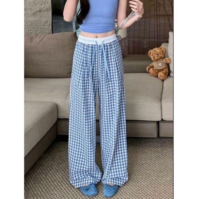2025 Girls' Pink Plaid High-Waisted Loose Fit Yamamoto Pants: Retro Wide-Leg for Spring/Summer