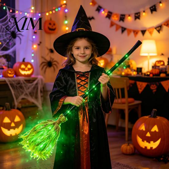 Stage Performance Equipment Halloween Witch Broom with Green LED Light, Glowing Cosplay Wizard Fluffy Straw Broomstick Broomstick, Costume Prop