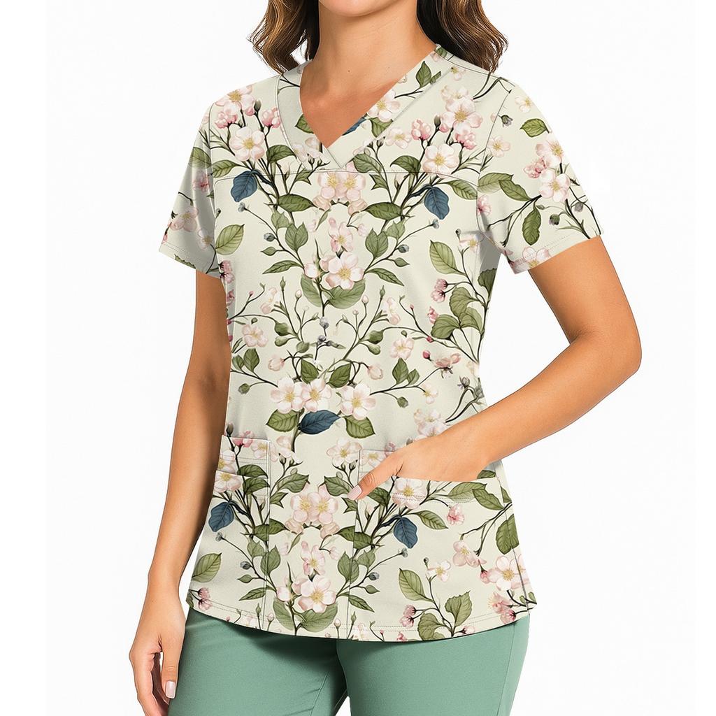 Женский повседневный топ с принтом, V-образным вырезом, карманом, боковым разрезом и короткими рукавами