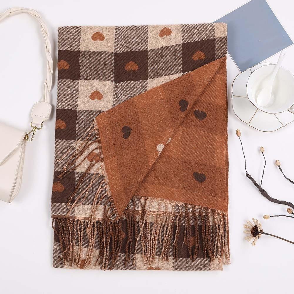 Warmer Plaid Knitted Scarf Acrylic Fibers Tassel Shawl Korean Style Heart Thickened Scarf Men