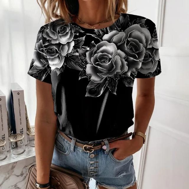 Женская футболка, летние модные топы с короткими рукавами, повседневная футболка с круглым вырезом и 3D цветочным принтом для женщин, одежда Y2k, футболки больших размеров