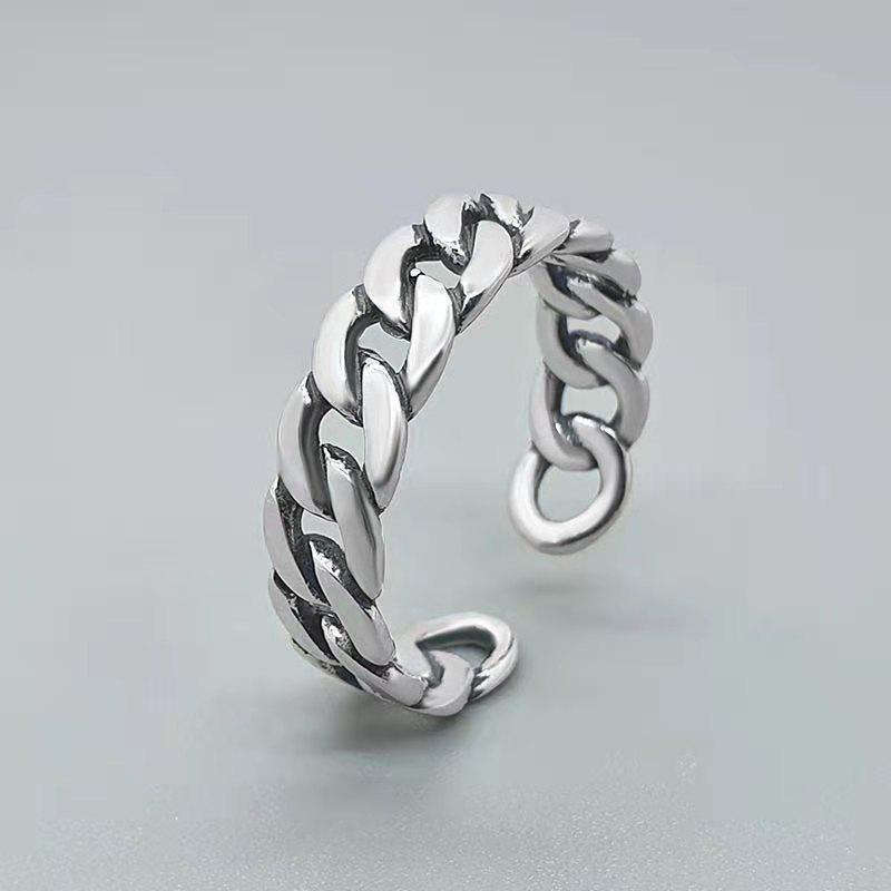 Thai Silver Retro Open Knuckle Ring: Trendy Flattened Chain Design for Index or Pinky Finger
