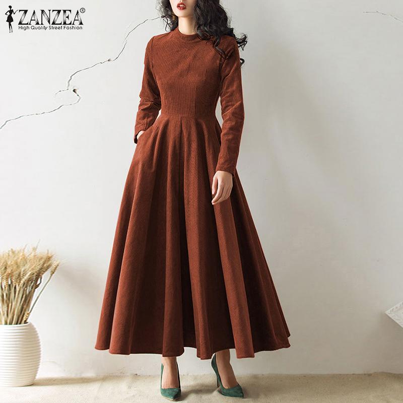 ZANZEA Spring Autumn Women Casual O-neck Long Sleeve A-line Long Dress