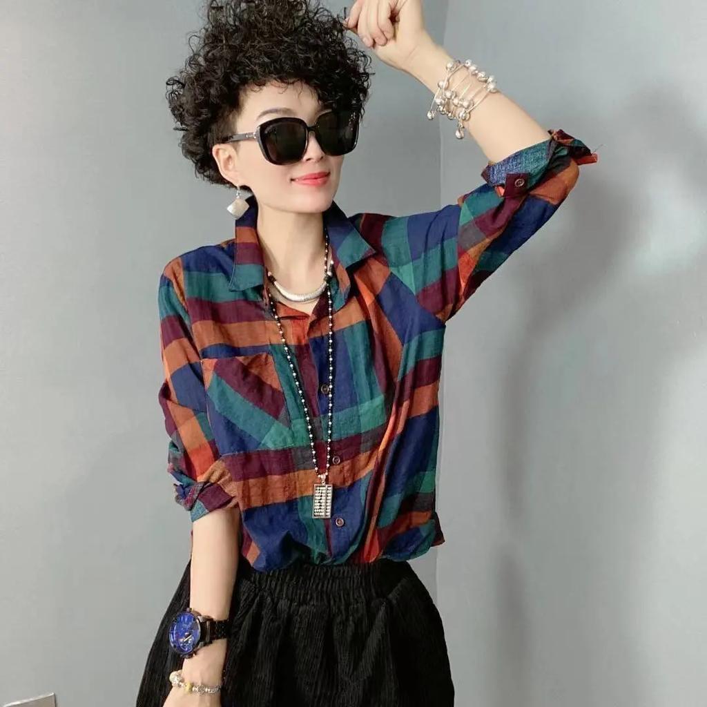 Весна Осень Женская Винтажная Классическая Клетчатая Льняная Рубашка На Пуговицах Длинный Рукав Свободная Блузка Уличная Одежда Топы