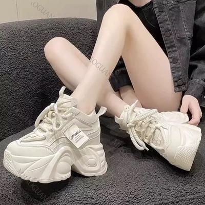 Модные женские кроссовки на высокой платформе Весна Осень На шнуровке Массивные теннисные туфли Бежевые Толстая подошва Повседневная обувь Женские Спортивные кожаные кроссовки