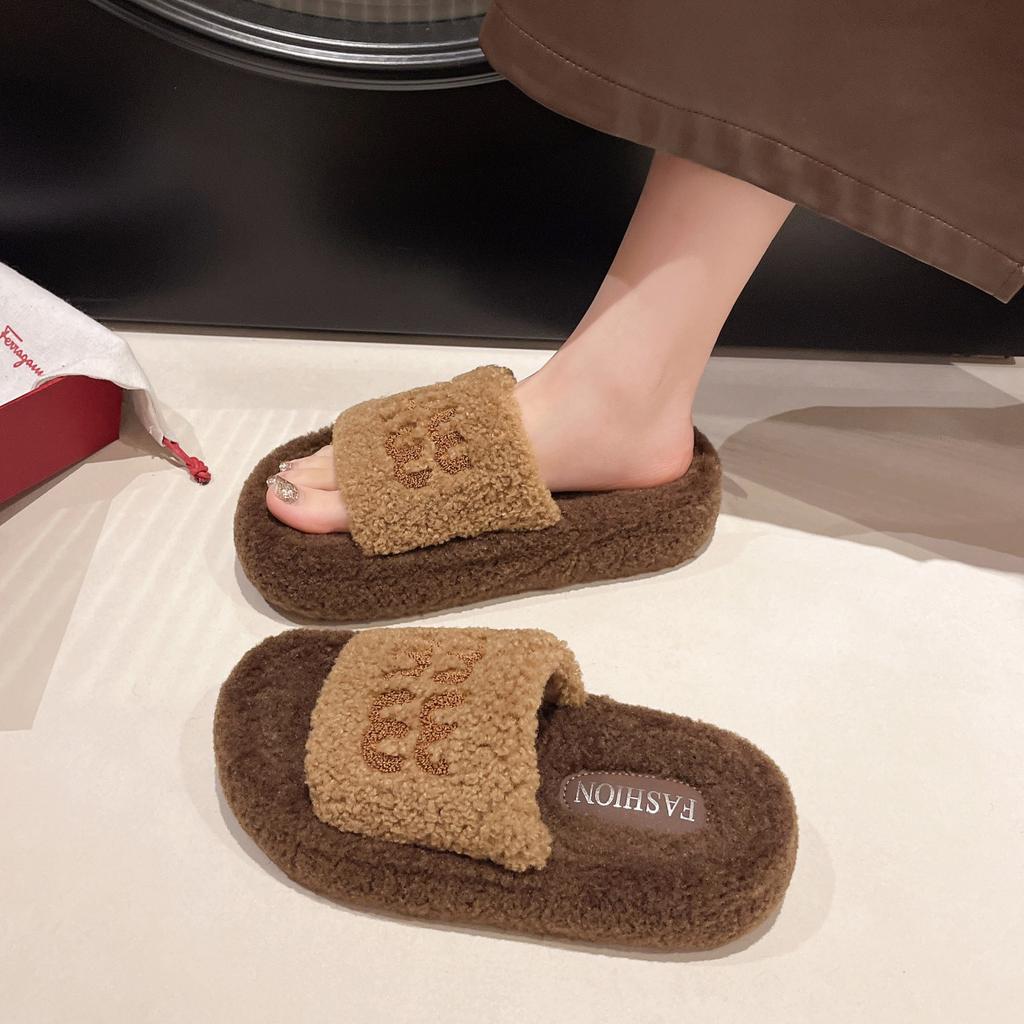 Cotton Mop Soft Bottom Fluffy Slippers Women's Outer Wear Burgundy Autumn and Winter Velvet Red Retro Lamb Wool Letter New