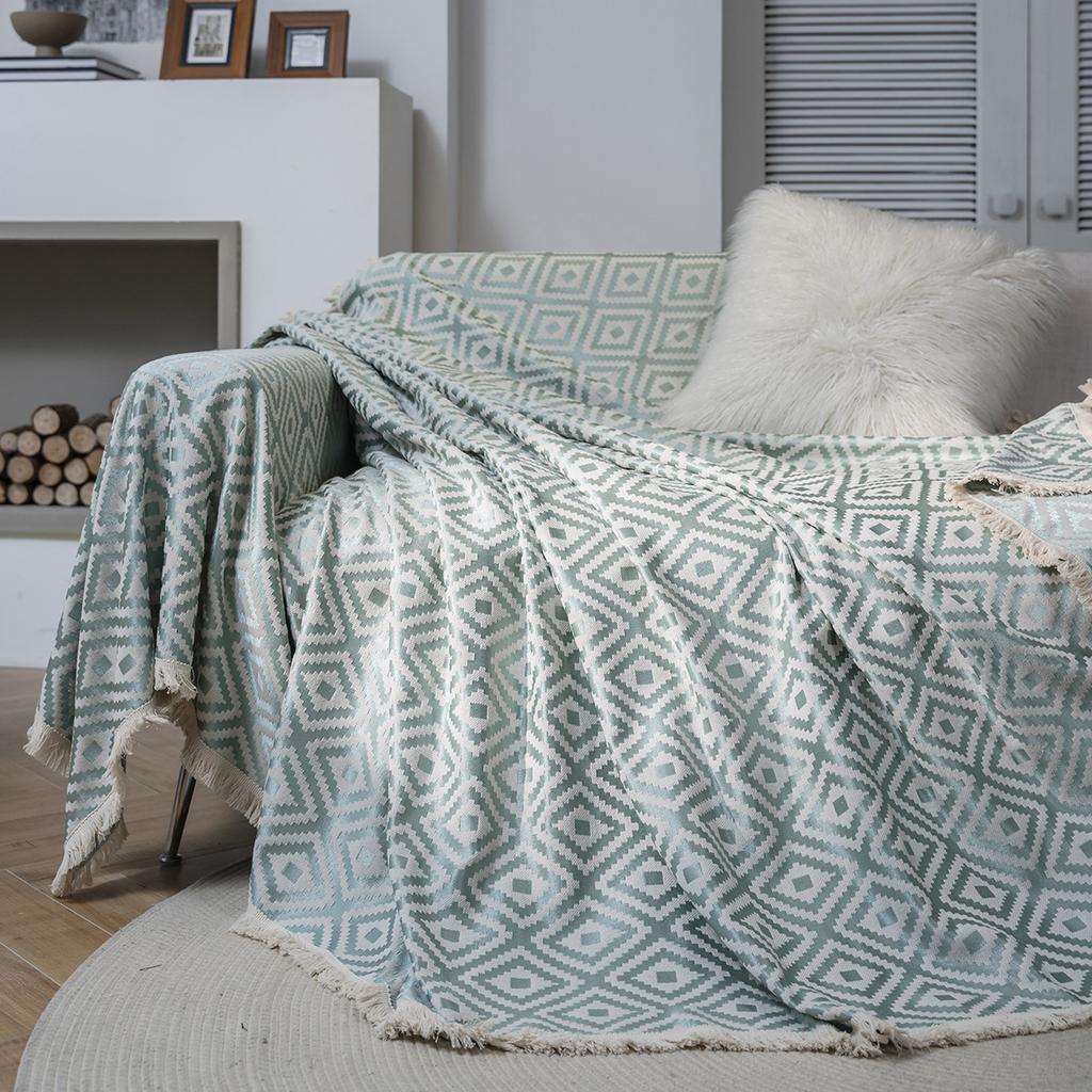Sofa Towel Multifunctional Cover Green Geometric Jacquard Thick Retro Sofa Cover Blanket