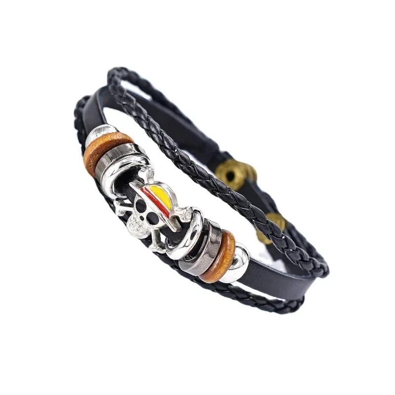 Anime Straw Hat Pirate One Piece Bracelet, Retro Leather Role Playing Prop, Birthday Gift Jewelry Accessories