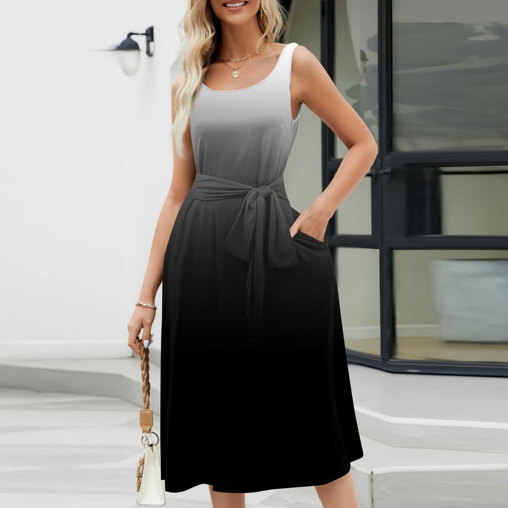 Летние платья для женщин 2024, пляжные свободные с круглым вырезом, без рукавов, миди-трапеции, распашное платье, сарафаны с карманами