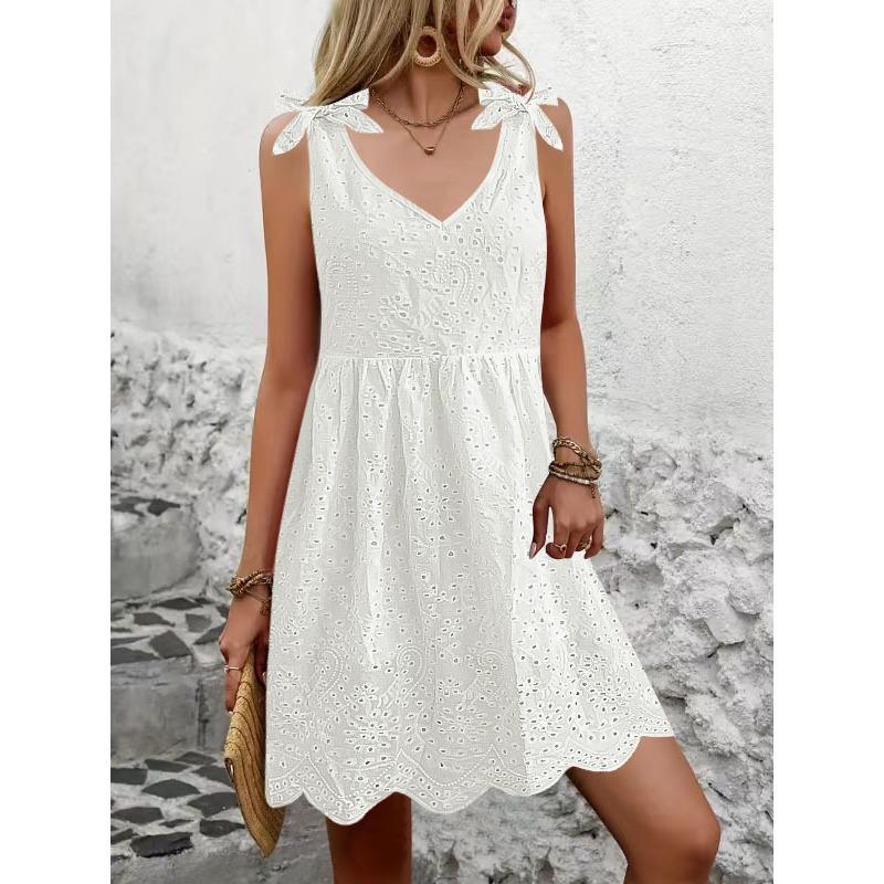 Женское летнее платье-комбинация с жаккардовой вышивкой, темпераментное платье без рукавов с V-образным вырезом и открытыми плечами