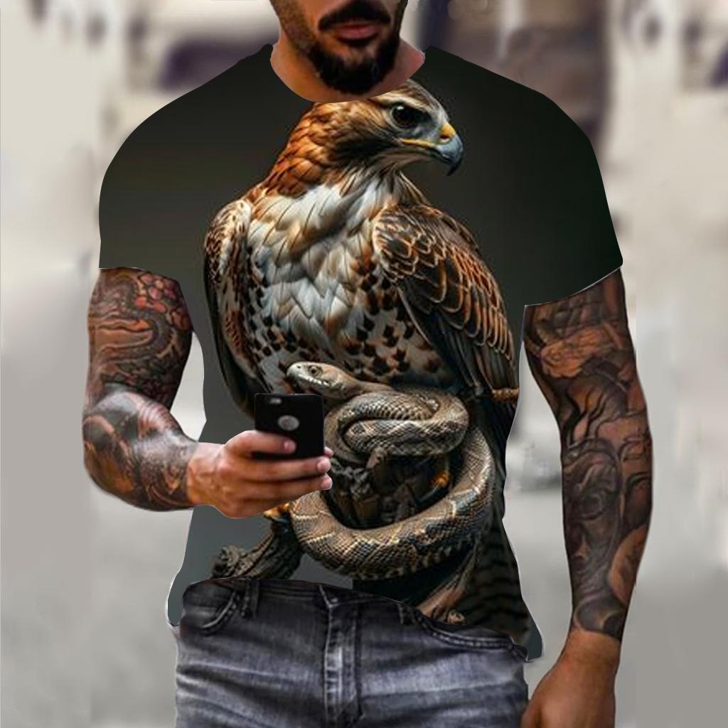 Fun 3D Animal Eagle Print Men's T-shirt Hip Hop Trend Street Casual Round Neck Short Sleeve Loose Top