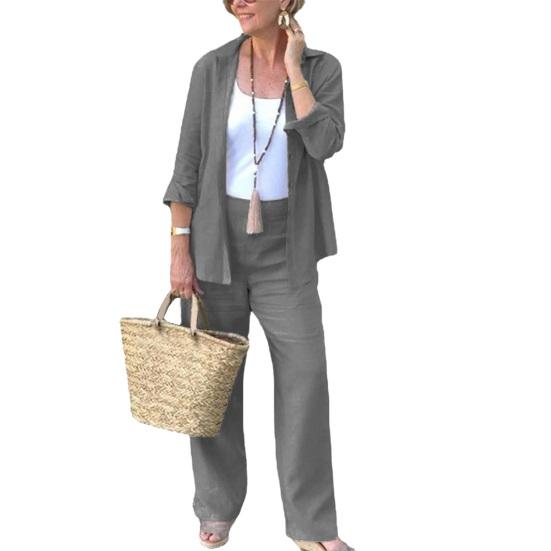 2Pcs/Set Women Casual Outfit Lapel Long Sleeve Buttons Closure Shirt High Waist Straight Wide Leg Long Pants Set Daily Wear