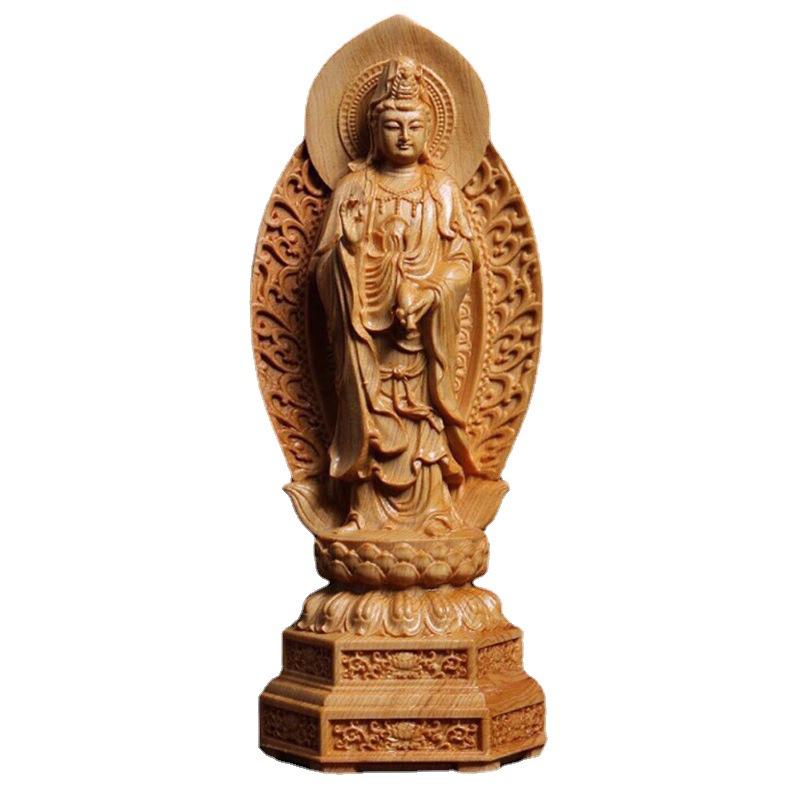 Boxwood Carving The Three Saints of the West Buddha Statue of Tathagata Guanyin Home Buddha Hall Worship Wooden Crafts Gift
