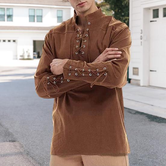 Мужчины Speing Top Воротник-стойка на шнуровке с V-образным вырезом и длинным рукавом Сплошной цвет Готический панк Пиратский стиль Свободный пуловер Мягкая дышащая мужская рубашка средней длины