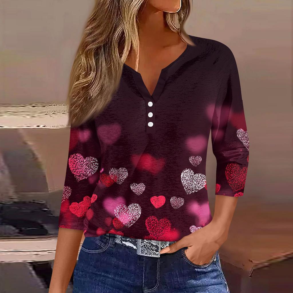 Жен. Футболка Футболка С принтом Пуговицы Рукав 3/4Ежедневно Выходные Мода Классический Топ с v-образным вырезом Обычный