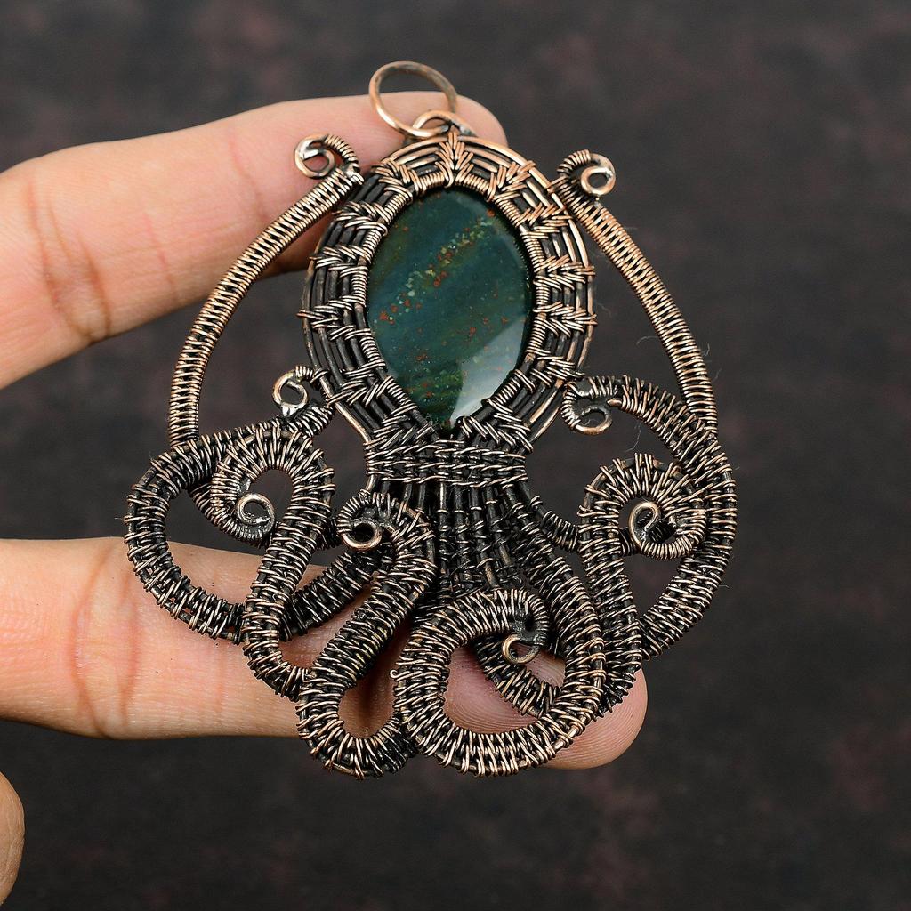 Bloodstone Copper Pendant Wire Wrapped Pendant Octopus Pendant Wire Wrap Gemstone Jewelry Handmade Pendant Wonderful Copper Jewelry For Gift
