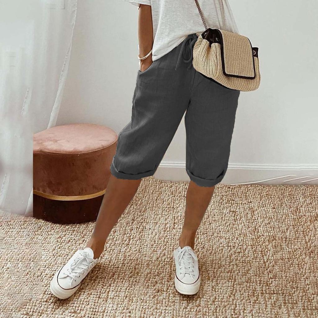 Womens Linen Shorts High Waisted Casual Shorts Drawstring Shorts With Pockets