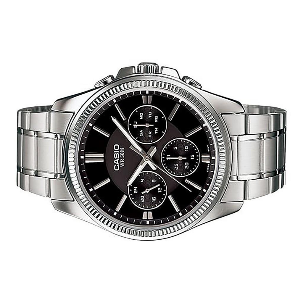 Casio Аналоговые кварцевые мужские часы Enticer из нержавеющей стали с черным циферблатом MTP-1375D-1AV