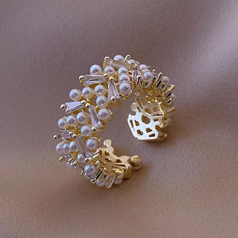 Zircon Leaf Open Index Ring, Adjustable Faux Pearl Ring, Geometric Zircon Open Ring, Trendy Party Jewelry, Gift For Women Mom Family Friends