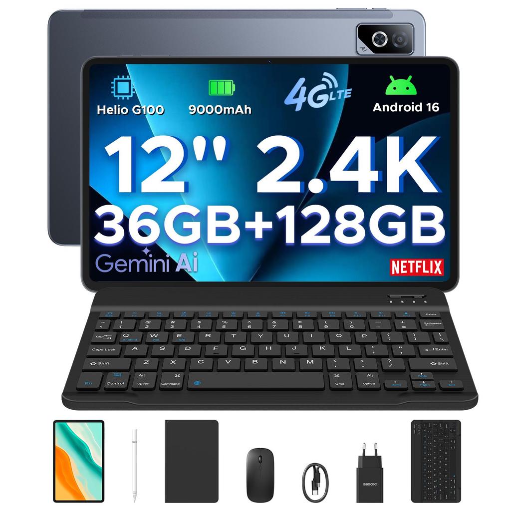 DOOGEE Tab G6 Pro 12 Inch 2.4K Tablet, Android 16 Tablet with Keyboard, 36GB+128GB/2TB, 9000mAh Battery, 4G LTE, Tablet with Pen, Mouse&Case