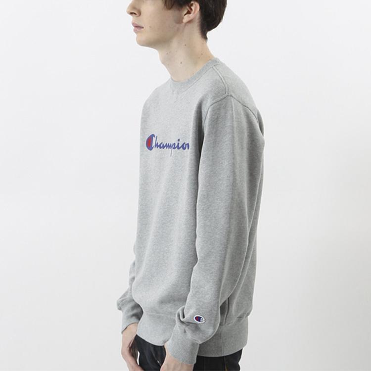 Champion Script Logo Fleece Lined Pullover Crew Neck Sweatshirt Japan Version Unisex Light Gray C3-L023
