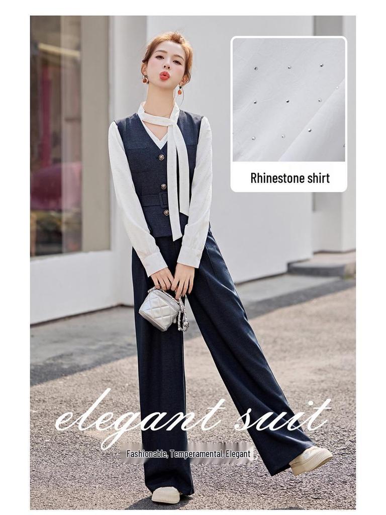 Женский модный костюм Весна 2025: Стильный комплект: рубашка, джинсовый жилет и брюки широкого кроя YF2551