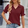 Women's Fashion Casual Summer Solid Color Print Short Sleeve Tuck Lapel Loose Blouses & Shirts