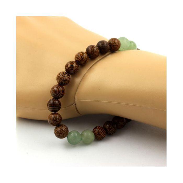 Pierres et Minéraux. Bracelet Perles Aventurine + bois 8 mm. Fabriqué en France.