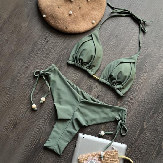 2 шт./компл., сексуальный женский комплект бикини, однотонный бюстгальтер с лямкой на шее, трусы на шнуровке с высокой талией, комплект пуш-ап, купальник, быстросохнущая пляжная одежда