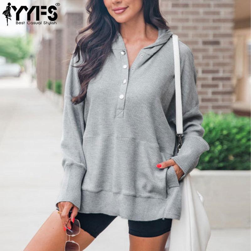 YYFS Женская мода повседневная осень-зима однотонный принт длинный рукав V-образный вырез пуловеры и длинные рукава