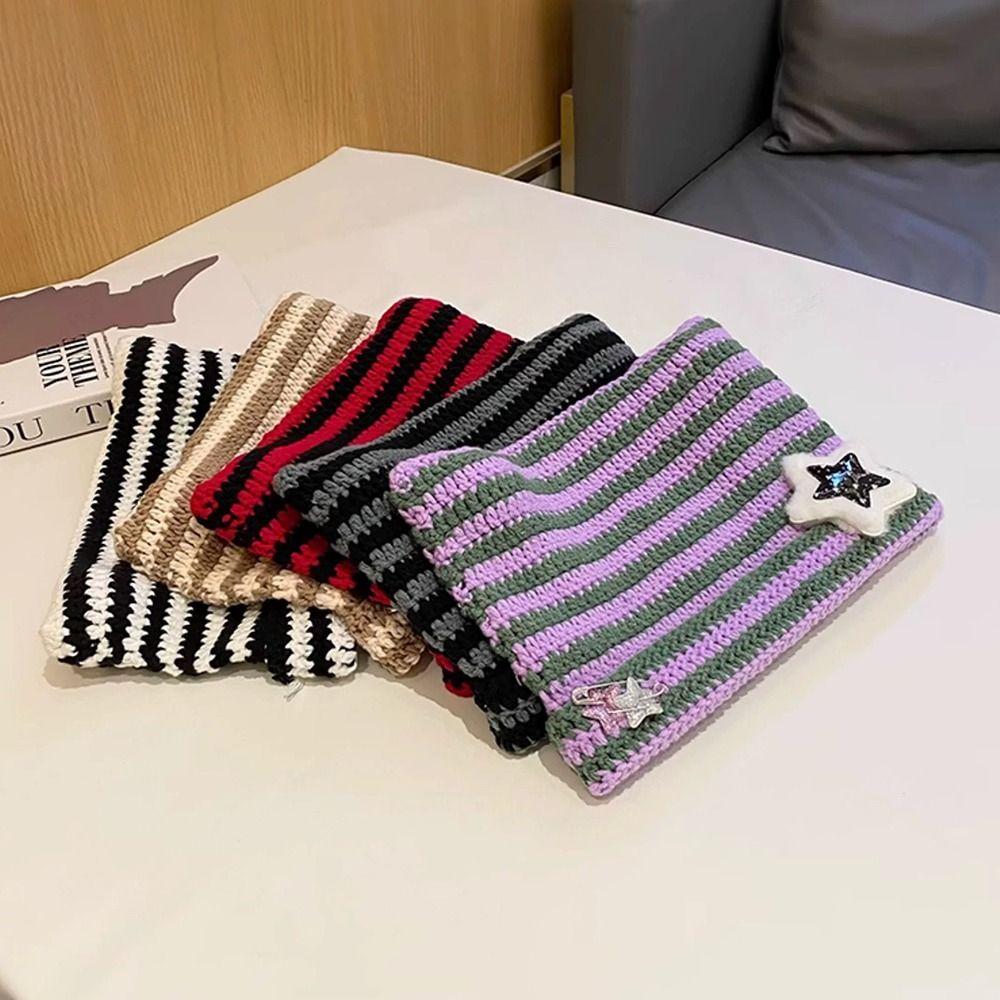 Пуловер с острыми ушками Y2K Милая шапка-бини Y2K Вязаная шапка-бини в полоску с дьявольскими ушками кошки Осень Зима