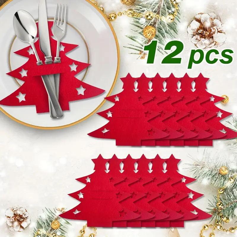 12pcs Christmas Tree-Shaped Felt Utensil Holders - Red & Green Holiday Table Decor with Star Accents, Durable Felt Cutlery