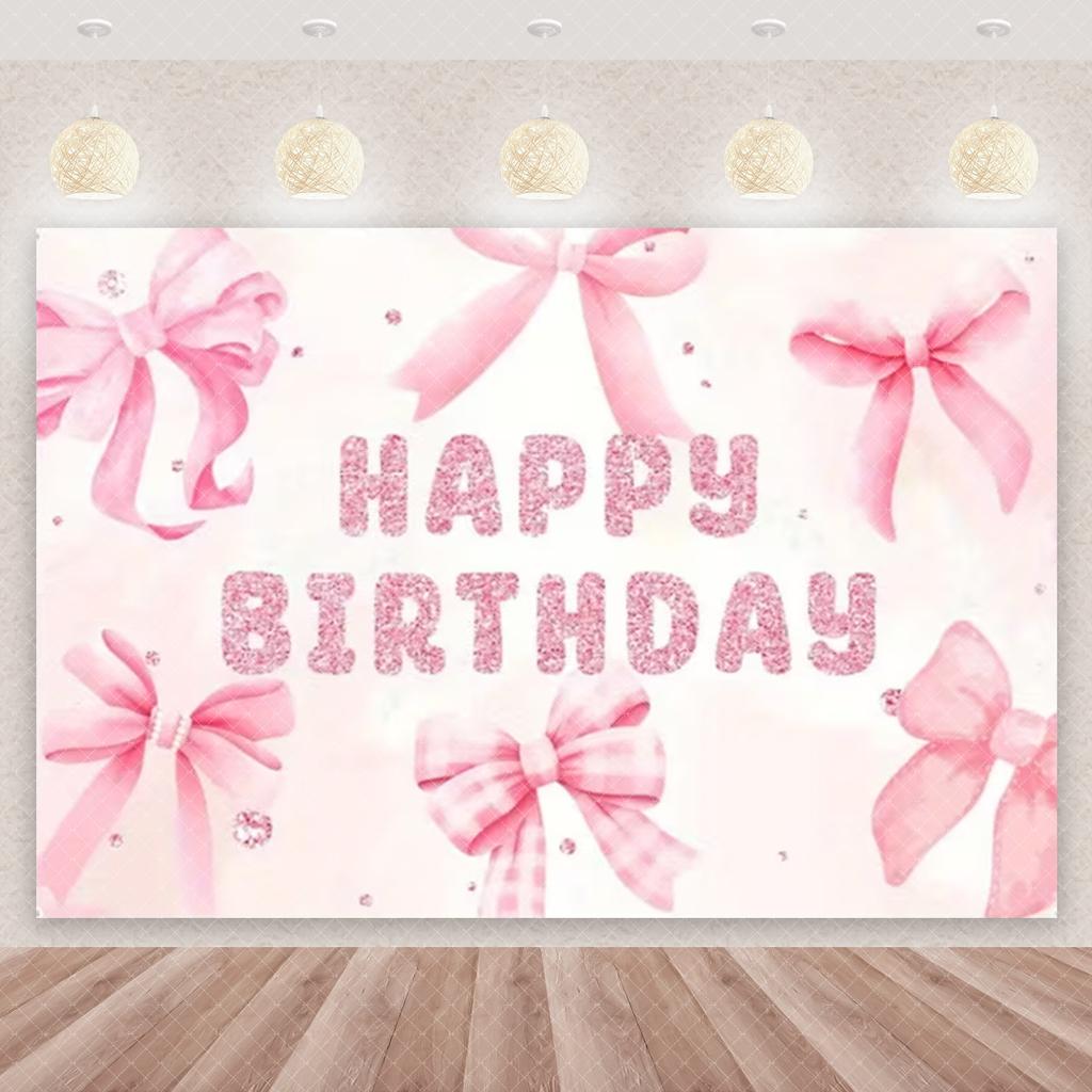 Pink bow tie, birthday backdrop, balloons, flowers, diamonds, birthday party decorations for girls, party background supplies, baby photography props.