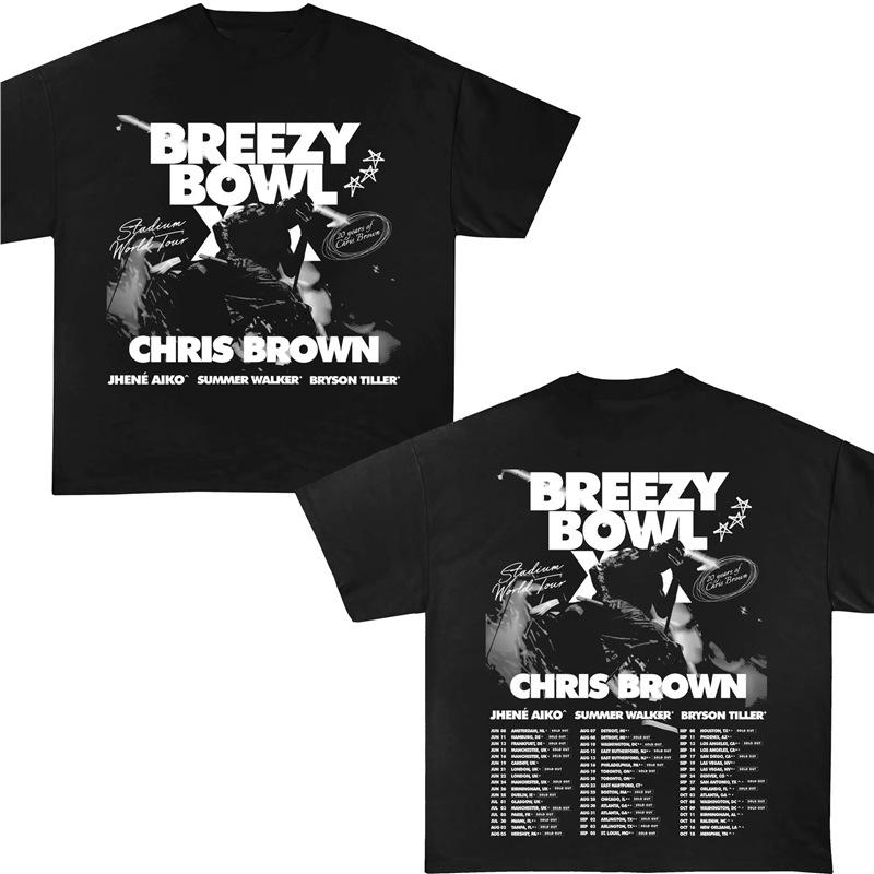 Хип-хоп Крис Браун Breezy Bowl XX Концертный Тур Хлопковая Футболка Винтажная С Коротким Рукавом Круглый Вырез Принт Повседневный Стиль для Женщин Мужчин