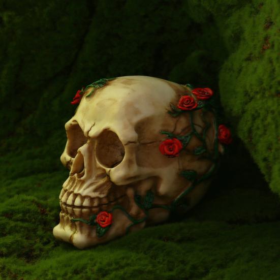 Череп человека с розой Маленький цветок розы Лоза Статуэтка скелета Коллекционная фигурка для готического домашнего настольного декора