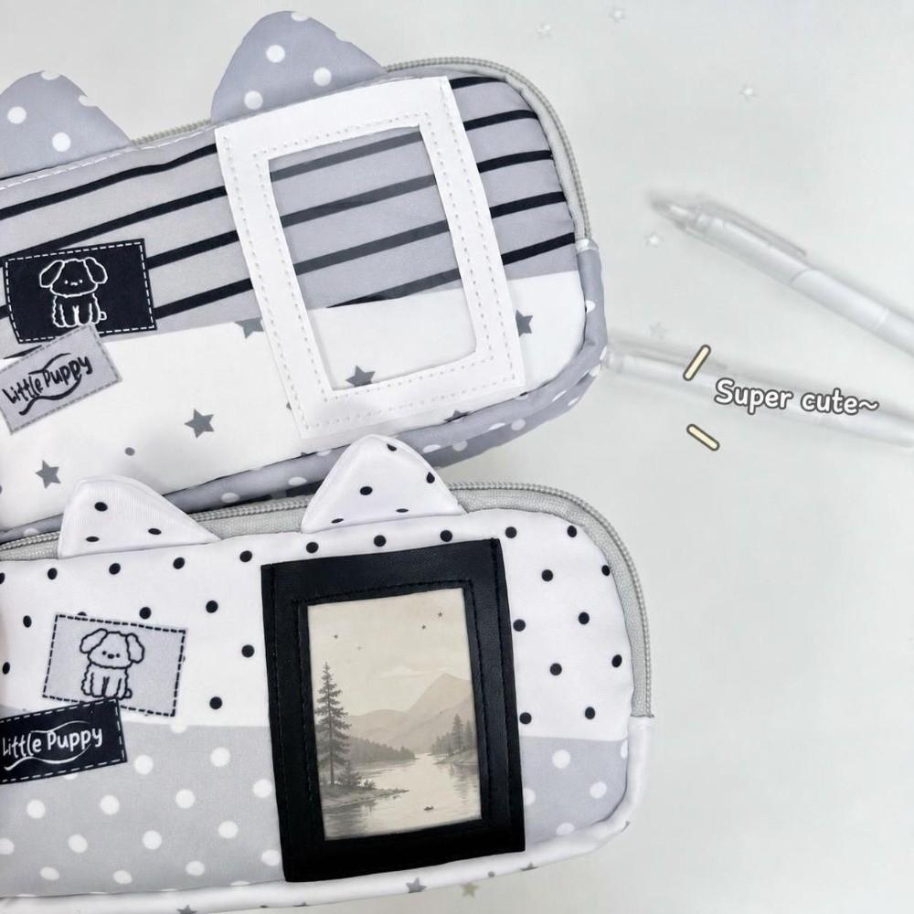 with Photo Window Pencil Case Polka Dot Puppy Print Stationery Bag Pencil Pouch  School Supplies