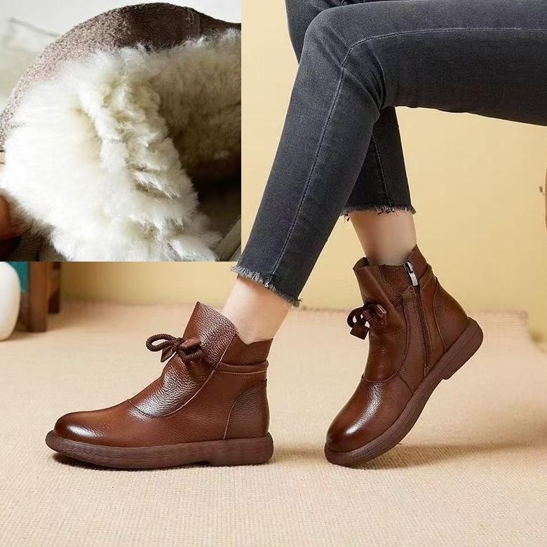 Теплые сапоги из натуральной кожи и шерсти, зимние женские ботильоны, хлопковая обувь, нескользящие женские сапоги с плоской подошвой и мягкой подошвой