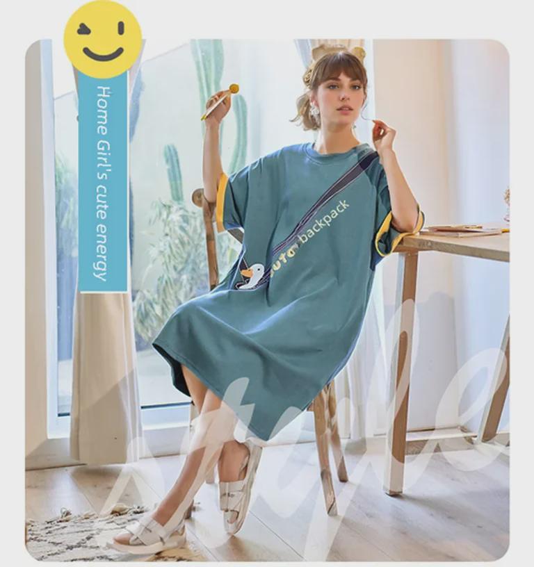 Милая хлопковая летняя ночная рубашка с рисунком для женщин – свободный крой, короткий рукав, корейский стиль, юбка средней длины